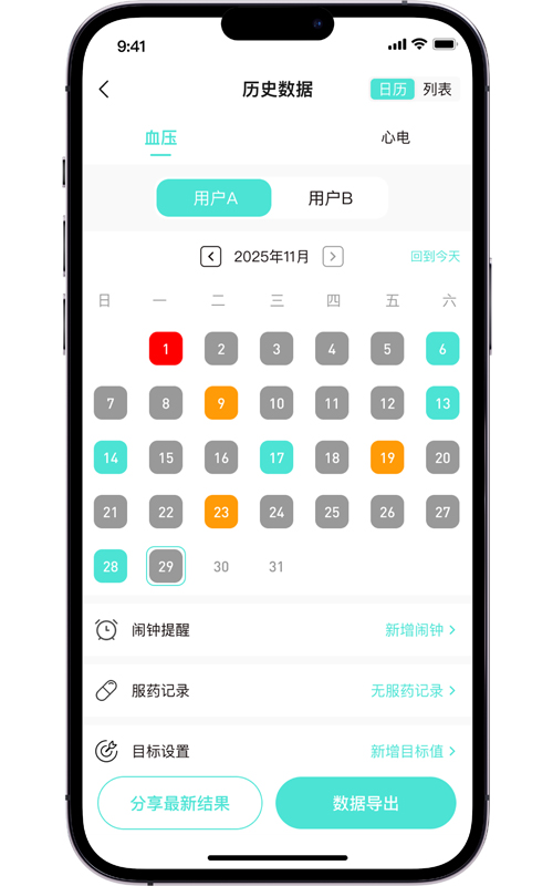 血压数据日历<br>以日历方式展示每日测量情况，帮助养成规律监测习惯。